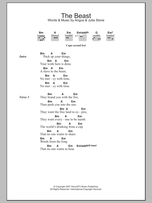 Angus & Julia Stone The Beast Sheet Music Notes & Chords for Lyrics & Chords - Download or Print PDF