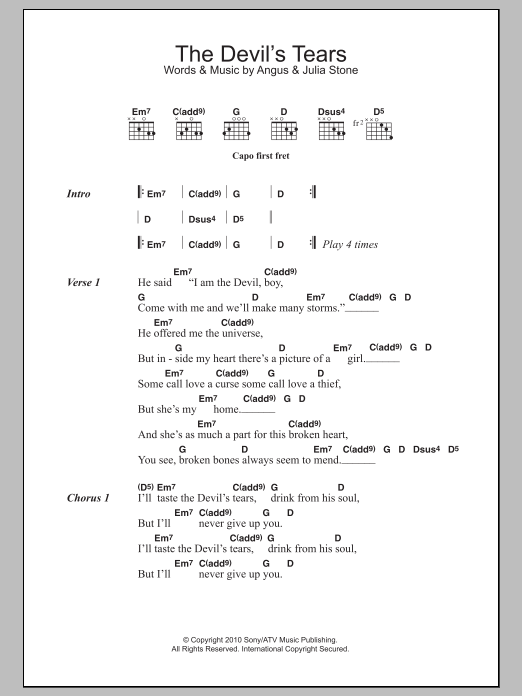 Angus & Julia Stone The Devil's Tears Sheet Music Notes & Chords for Lyrics & Chords - Download or Print PDF