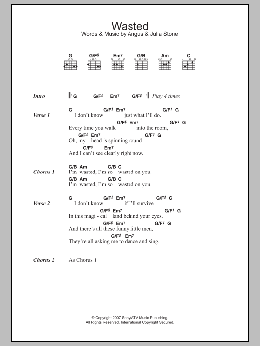 Angus & Julia Stone Wasted Sheet Music Notes & Chords for Lyrics & Chords - Download or Print PDF