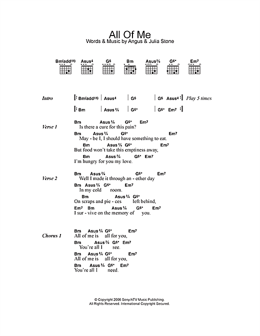 Angus & Julia Stone All Of Me Sheet Music Notes & Chords for Lyrics & Chords - Download or Print PDF