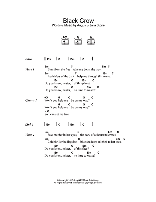 Preview Angus & Julia Stone Black Crow Folk sheet music, notes and chords for Lyrics & Chords, SKU: 113745 Black Crow sheet music