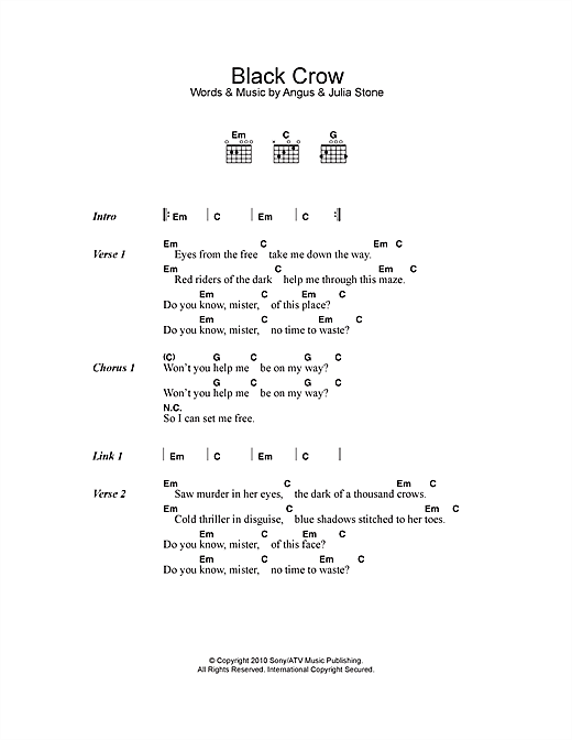 Angus & Julia Stone Black Crow Sheet Music Notes & Chords for Lyrics & Chords - Download or Print PDF