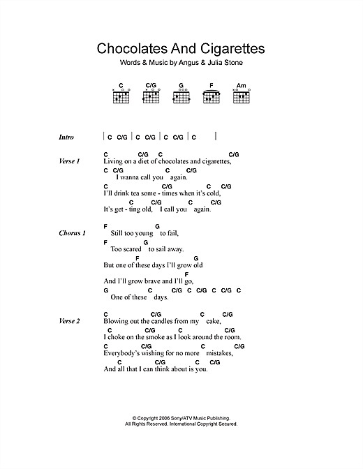 Angus & Julia Stone Chocolates And Cigarettes Sheet Music Notes & Chords for Lyrics & Chords - Download or Print PDF