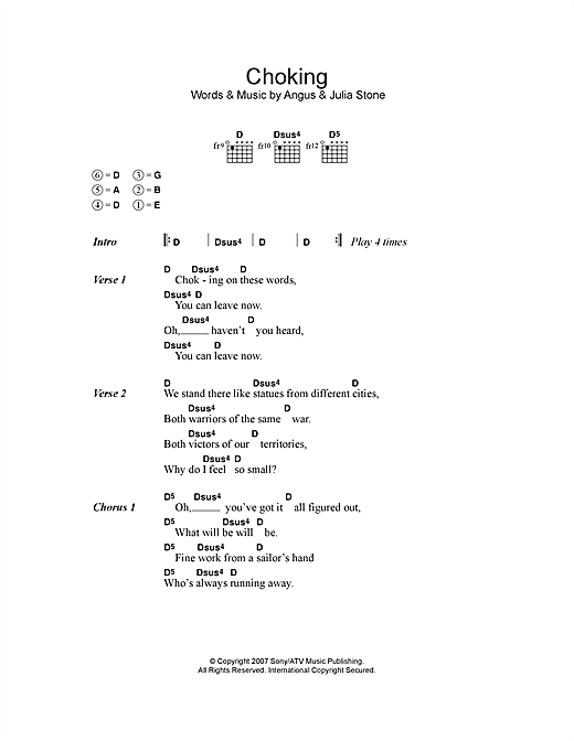 Angus & Julia Stone Choking Sheet Music Notes & Chords for Lyrics & Chords - Download or Print PDF