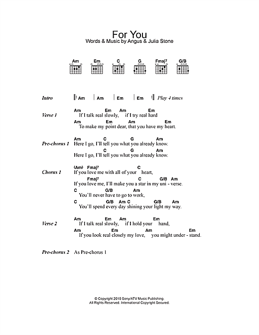 Angus & Julia Stone For You Sheet Music Notes & Chords for Lyrics & Chords - Download or Print PDF
