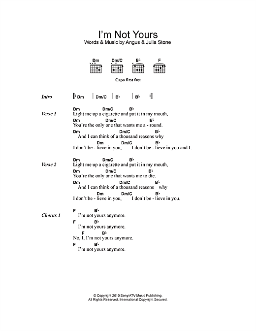 Angus & Julia Stone I'm Not Yours Sheet Music Notes & Chords for Lyrics & Chords - Download or Print PDF