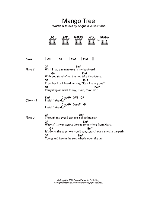 Angus & Julia Stone Mango Tree Sheet Music Notes & Chords for Lyrics & Chords - Download or Print PDF