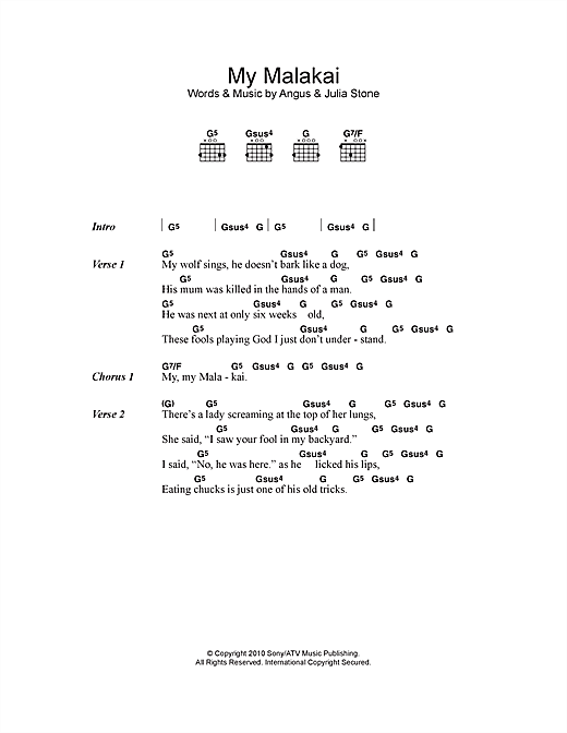 Angus & Julia Stone My Malakai Sheet Music Notes & Chords for Lyrics & Chords - Download or Print PDF