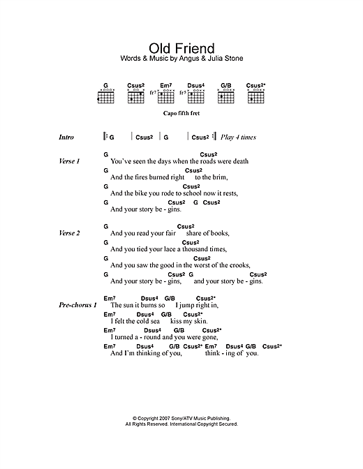 Preview Angus & Julia Stone Old Friend Folk sheet music, notes and chords for Lyrics & Chords, SKU: 113758 Old Friend sheet music