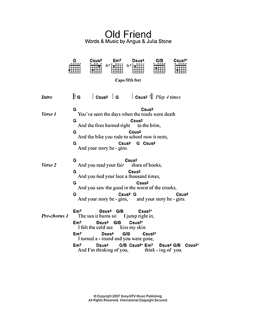 Angus & Julia Stone Old Friend Sheet Music Notes & Chords for Lyrics & Chords - Download or Print PDF