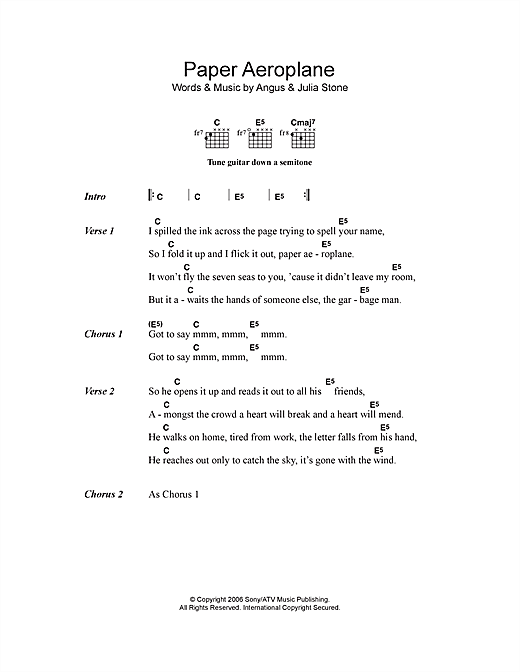 Angus & Julia Stone Paper Aeroplane Sheet Music Notes & Chords for Lyrics & Chords - Download or Print PDF