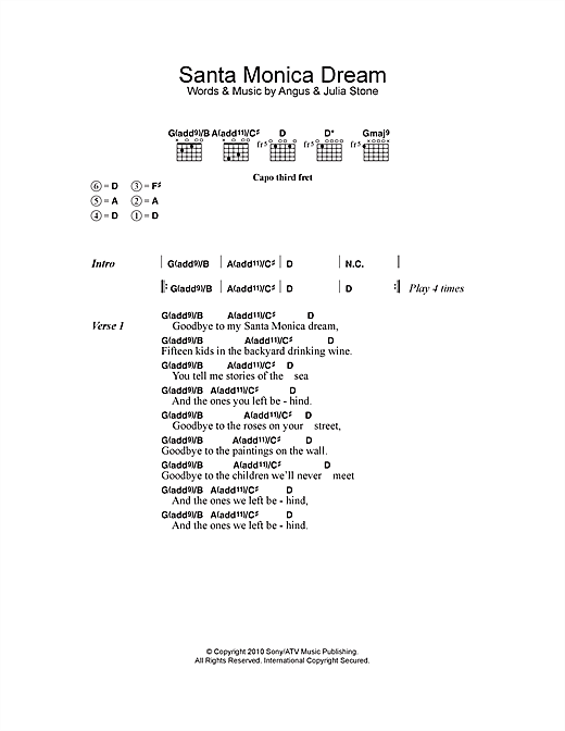 Preview Angus & Julia Stone Santa Monica Dream Folk sheet music, notes and chords for Lyrics & Chords, SKU: 113762 Santa Monica Dream sheet music
