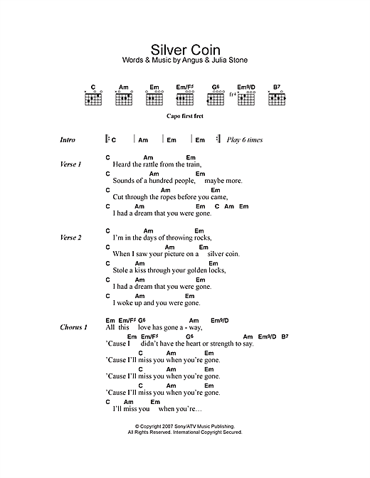 Angus & Julia Stone Silver Coin Sheet Music Notes & Chords for Lyrics & Chords - Download or Print PDF