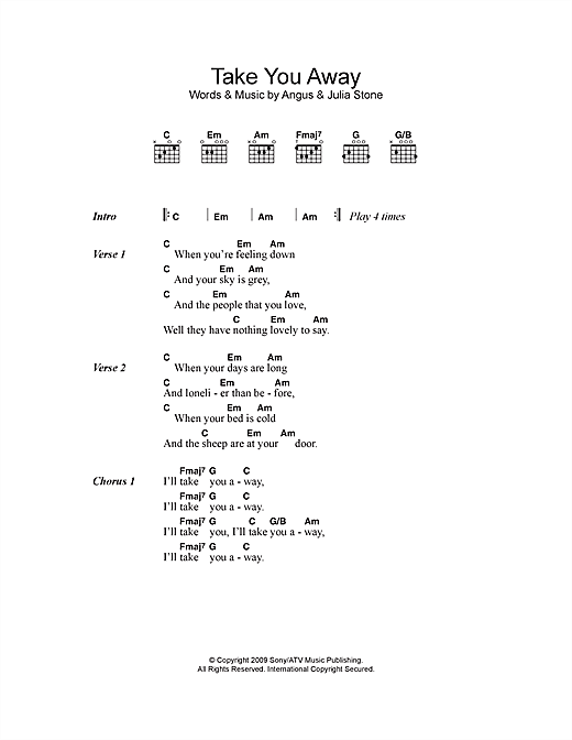 Angus & Julia Stone Take You Away Sheet Music Notes & Chords for Lyrics & Chords - Download or Print PDF