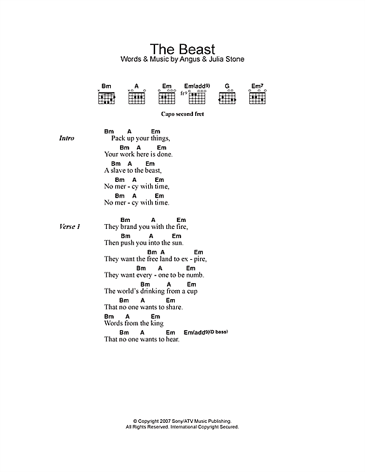 Angus & Julia Stone The Beast Sheet Music Notes & Chords for Lyrics & Chords - Download or Print PDF