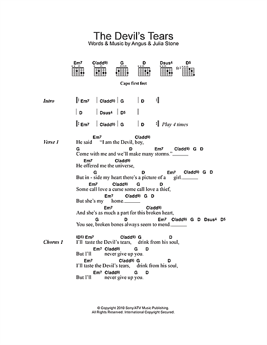 Angus & Julia Stone The Devil's Tears Sheet Music Notes & Chords for Lyrics & Chords - Download or Print PDF