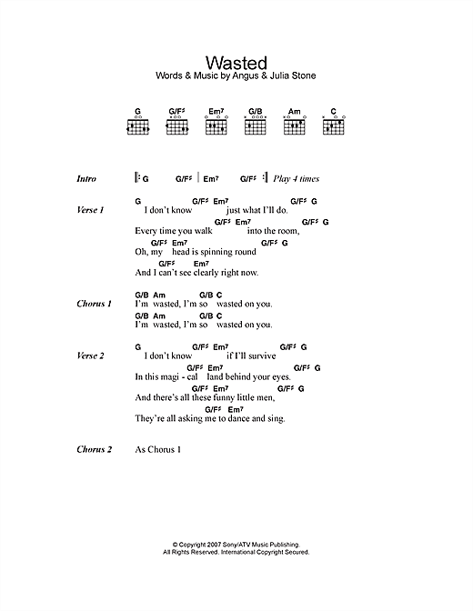 Angus & Julia Stone Wasted Sheet Music Notes & Chords for Lyrics & Chords - Download or Print PDF