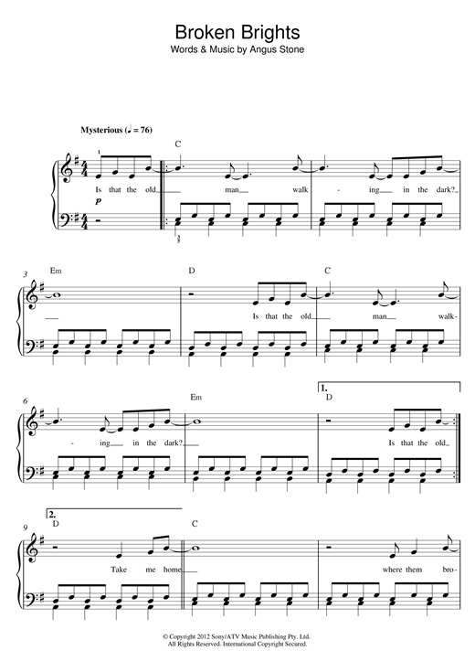 Angus Stone Broken Brights Sheet Music Notes & Chords for Beginner Piano - Download or Print PDF