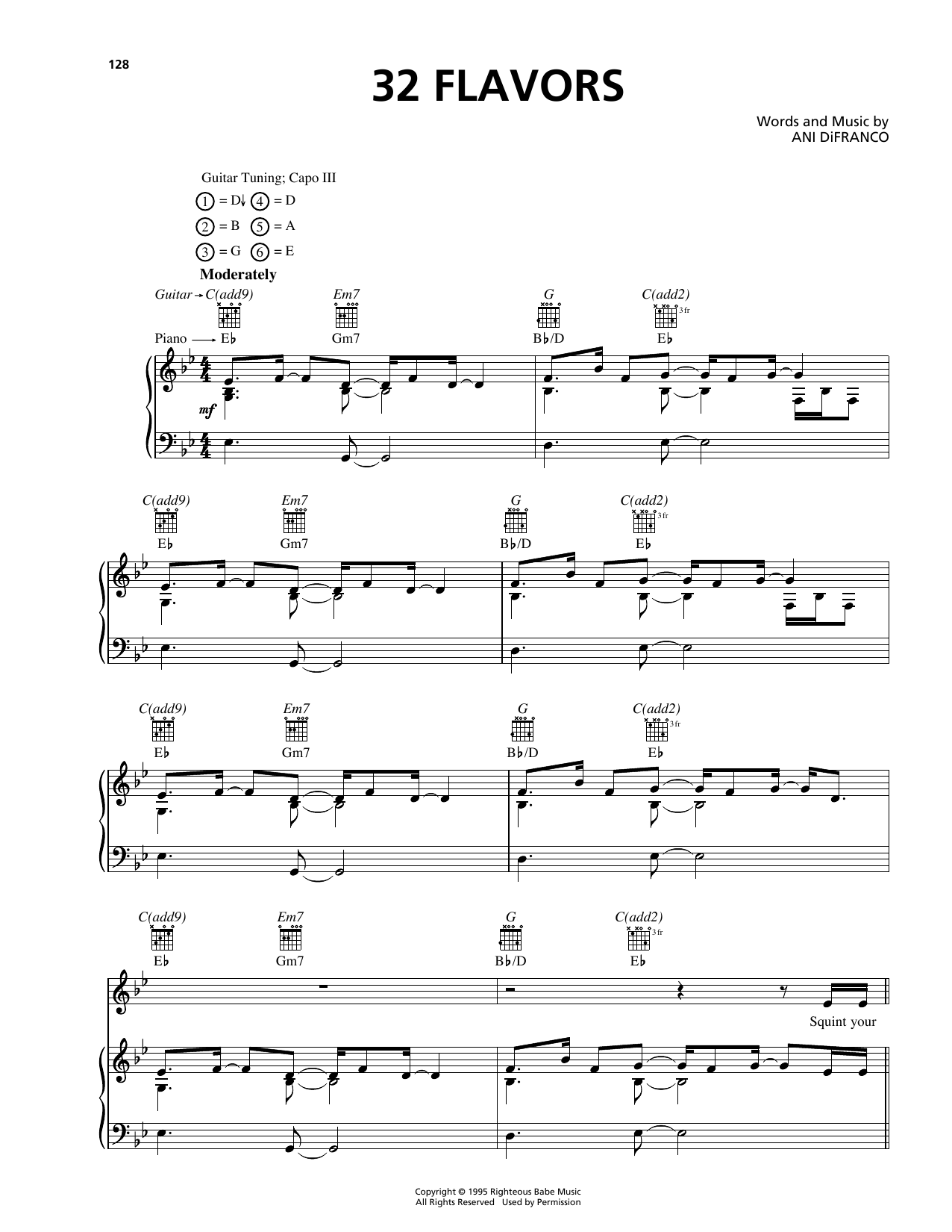 Ani DiFranco 32 Flavors Sheet Music Notes & Chords for Piano, Vocal & Guitar (Right-Hand Melody) - Download or Print PDF