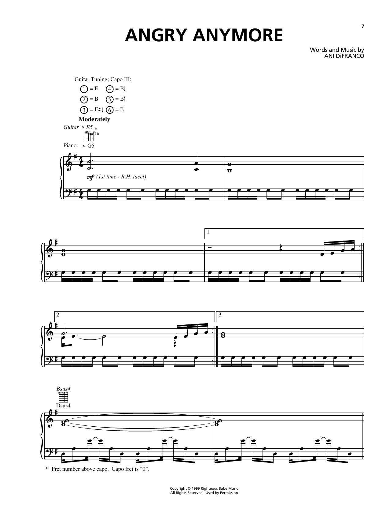 Ani DiFranco Angry Anymore Sheet Music Notes & Chords for Piano, Vocal & Guitar (Right-Hand Melody) - Download or Print PDF