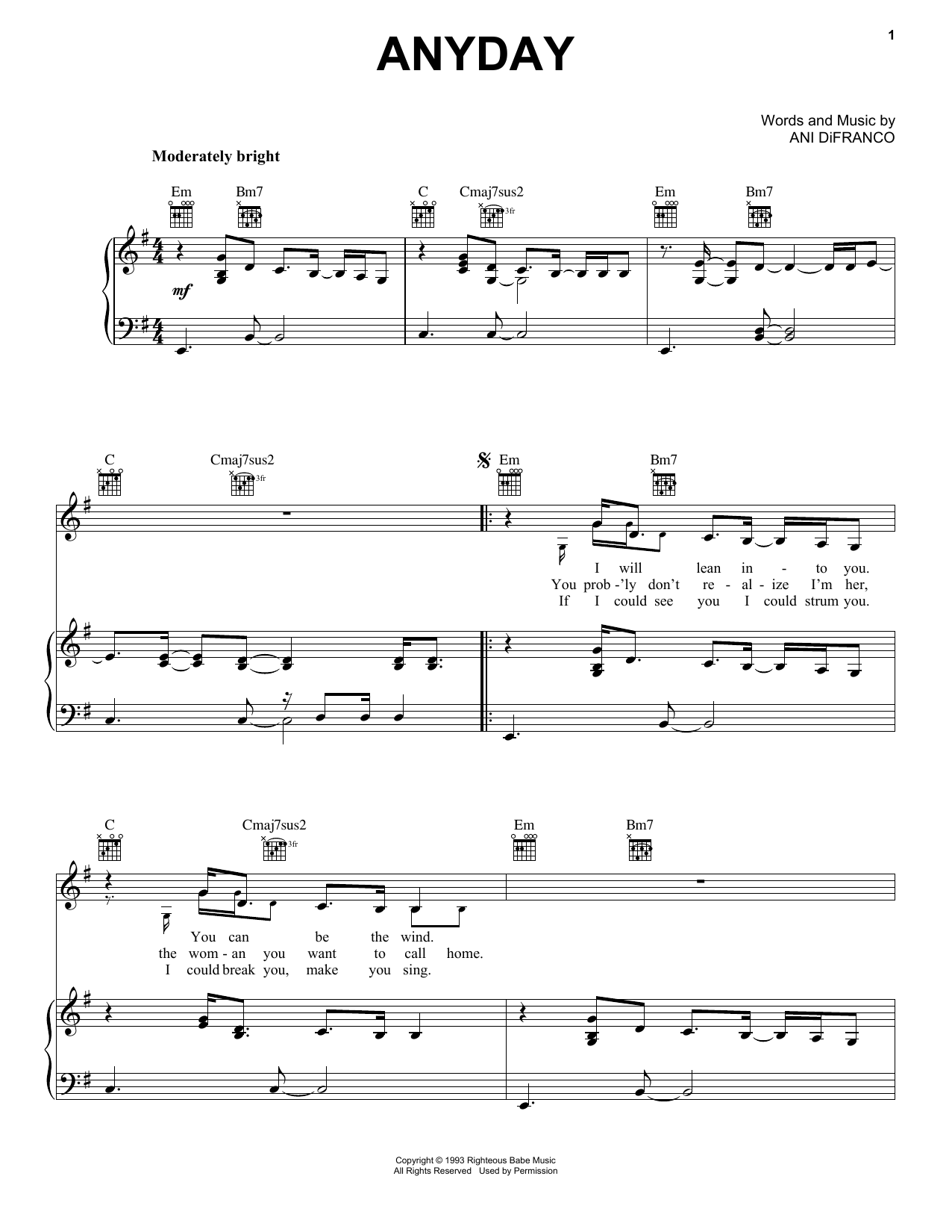 Ani DiFranco Anyday Sheet Music Notes & Chords for Piano, Vocal & Guitar (Right-Hand Melody) - Download or Print PDF