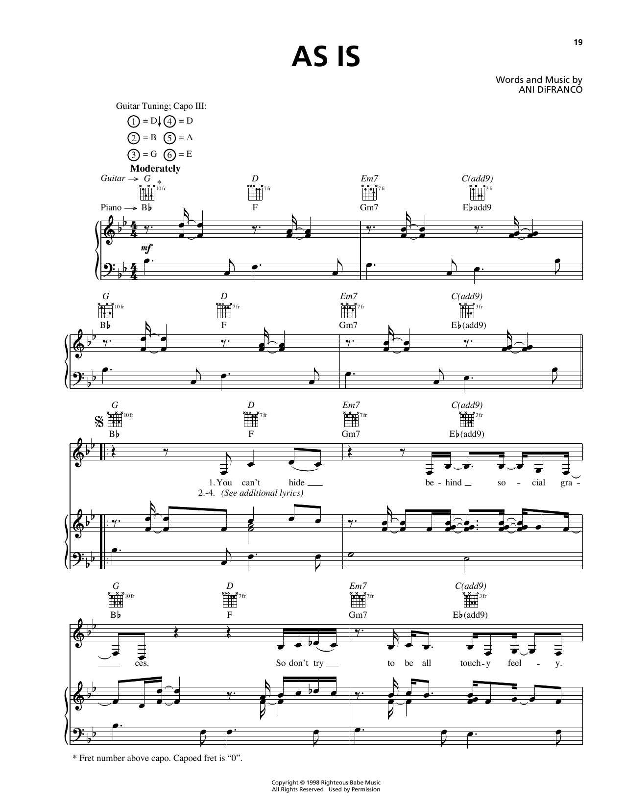 Ani DiFranco As Is Sheet Music Notes & Chords for Piano, Vocal & Guitar (Right-Hand Melody) - Download or Print PDF