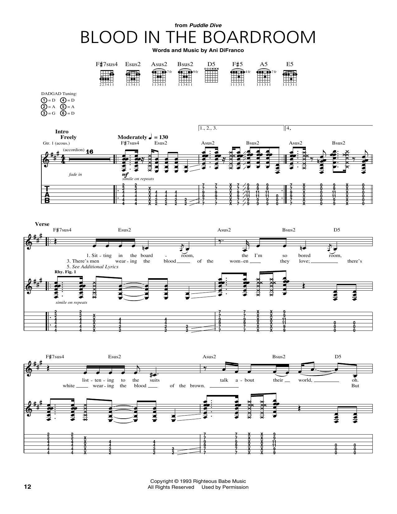Ani DiFranco Blood In The Boardroom Sheet Music Notes & Chords for Guitar Tab - Download or Print PDF