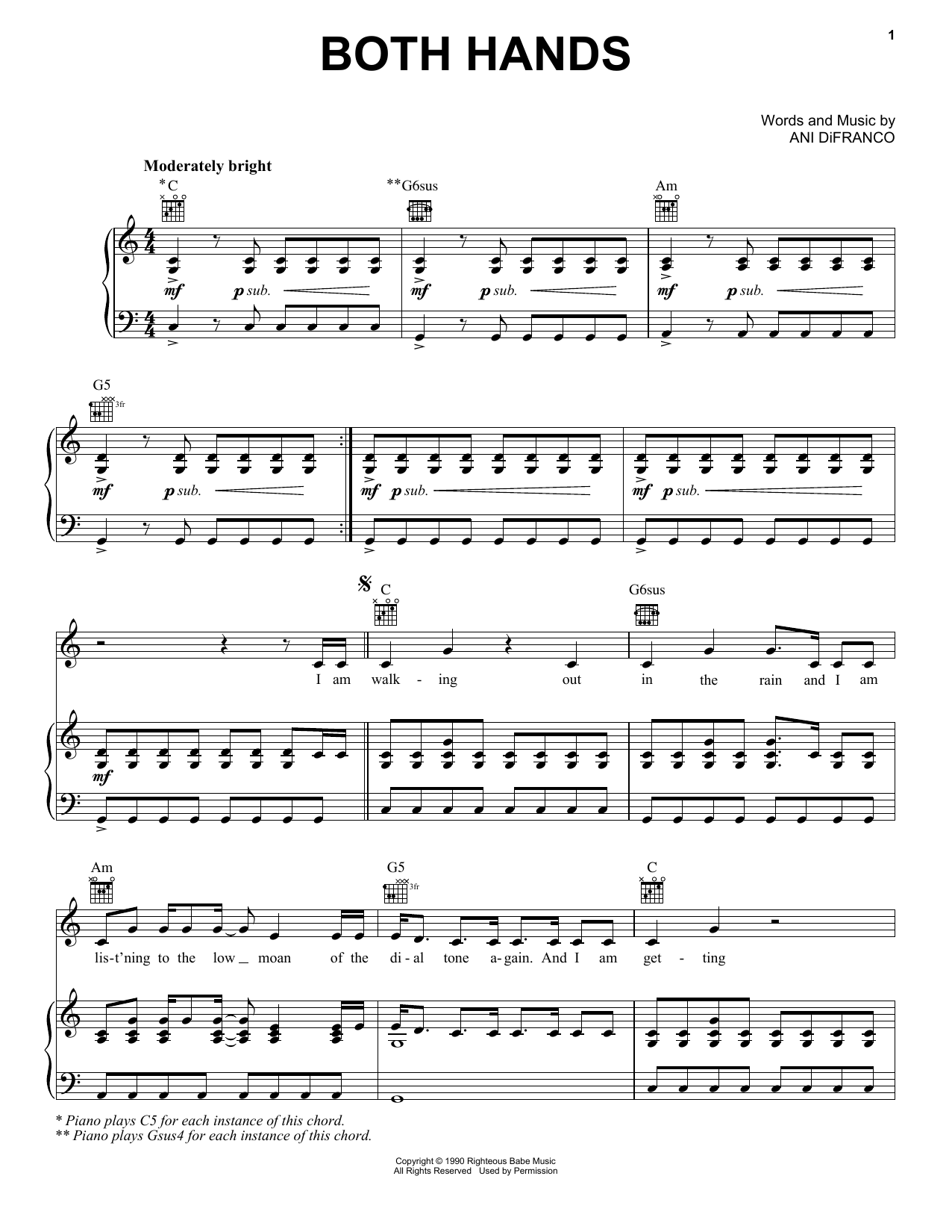 Ani DiFranco Both Hands Sheet Music Notes & Chords for Piano, Vocal & Guitar (Right-Hand Melody) - Download or Print PDF