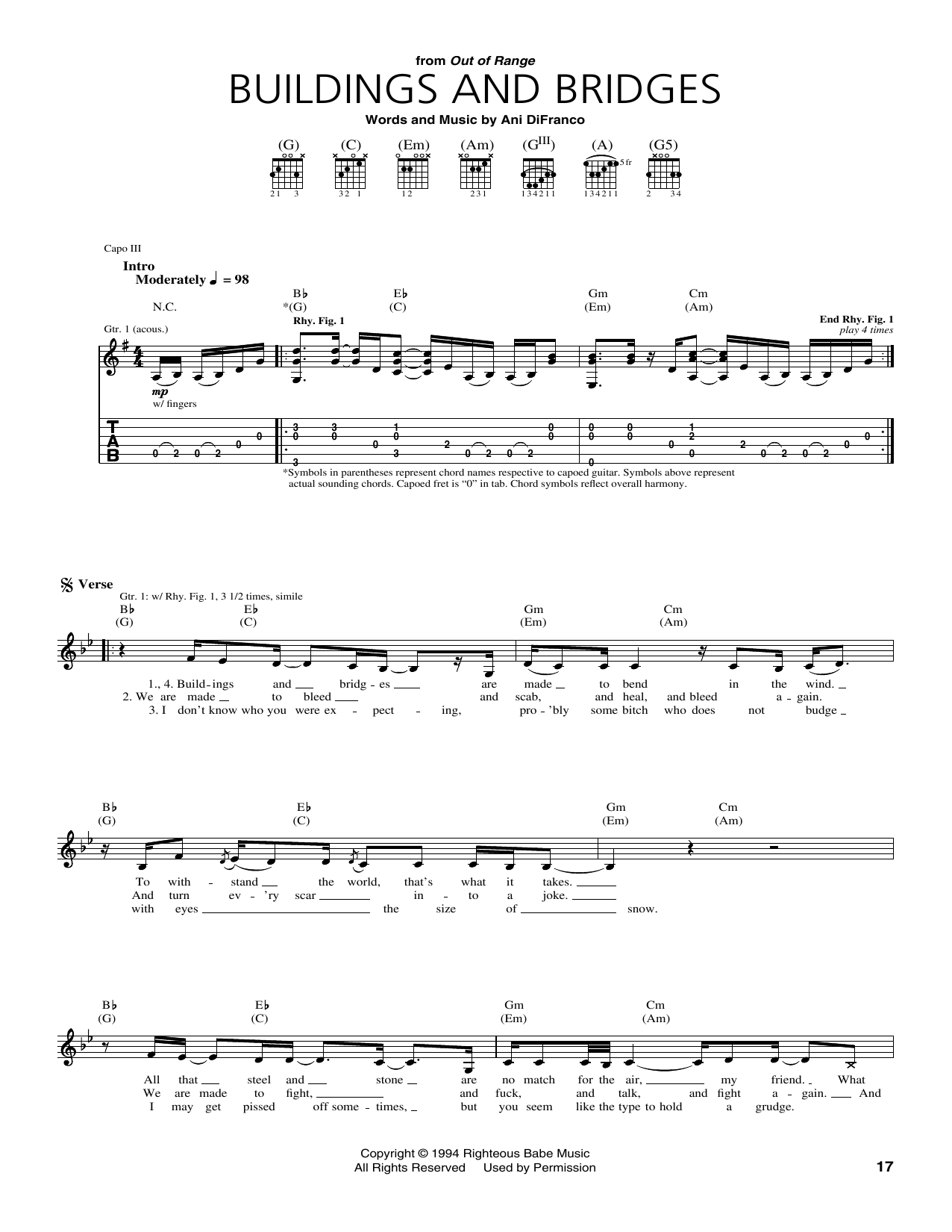 Ani DiFranco Buildings and Bridges Sheet Music Notes & Chords for Guitar Tab - Download or Print PDF
