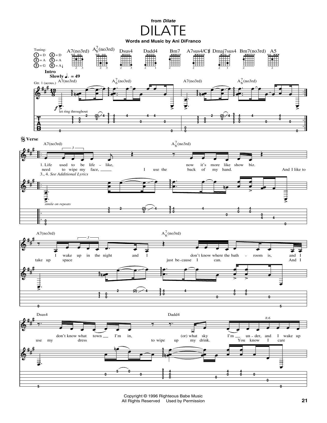 Ani DiFranco Dilate Sheet Music Notes & Chords for Guitar Tab - Download or Print PDF