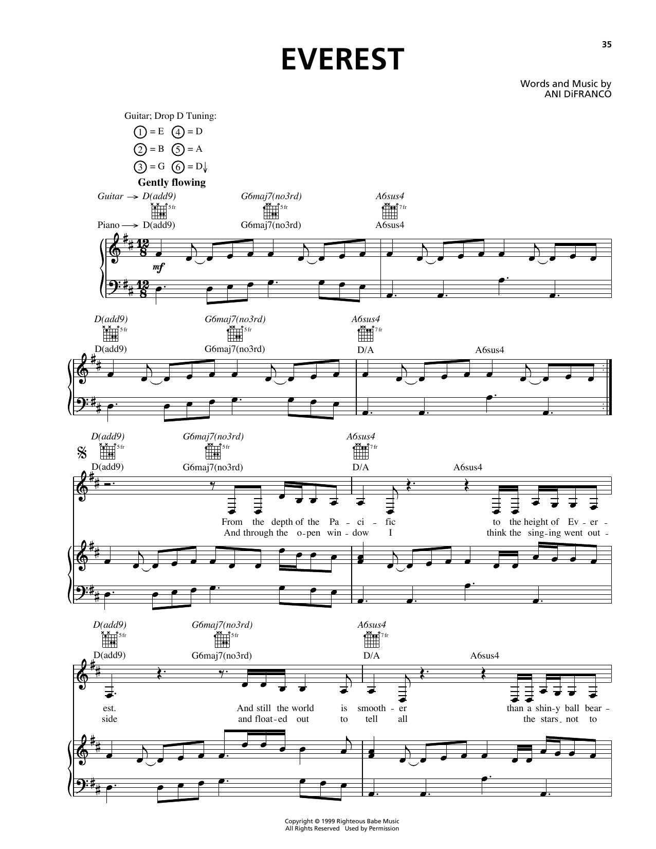 Ani DiFranco Everest Sheet Music Notes & Chords for Piano, Vocal & Guitar (Right-Hand Melody) - Download or Print PDF