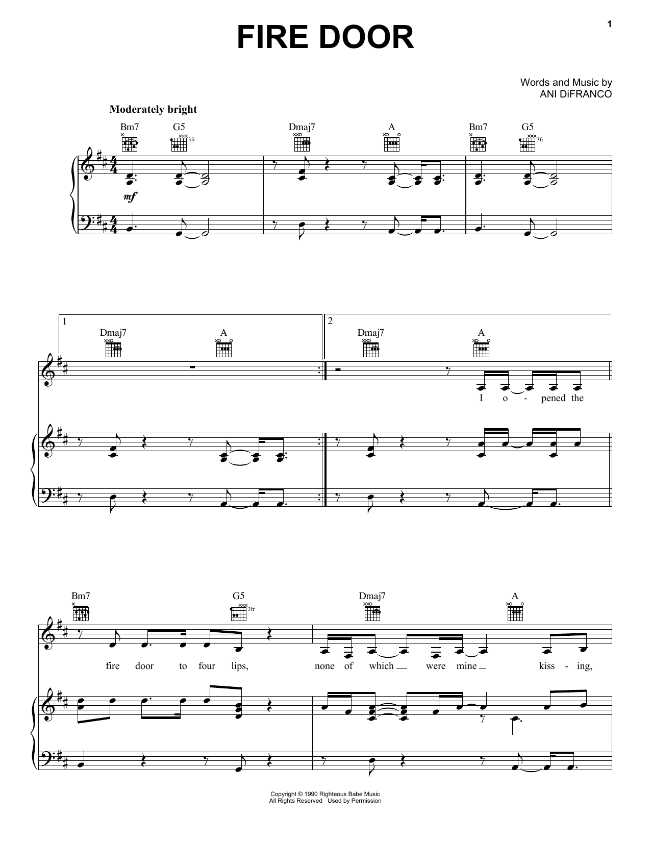 Ani DiFranco Fire Door Sheet Music Notes & Chords for Piano, Vocal & Guitar (Right-Hand Melody) - Download or Print PDF