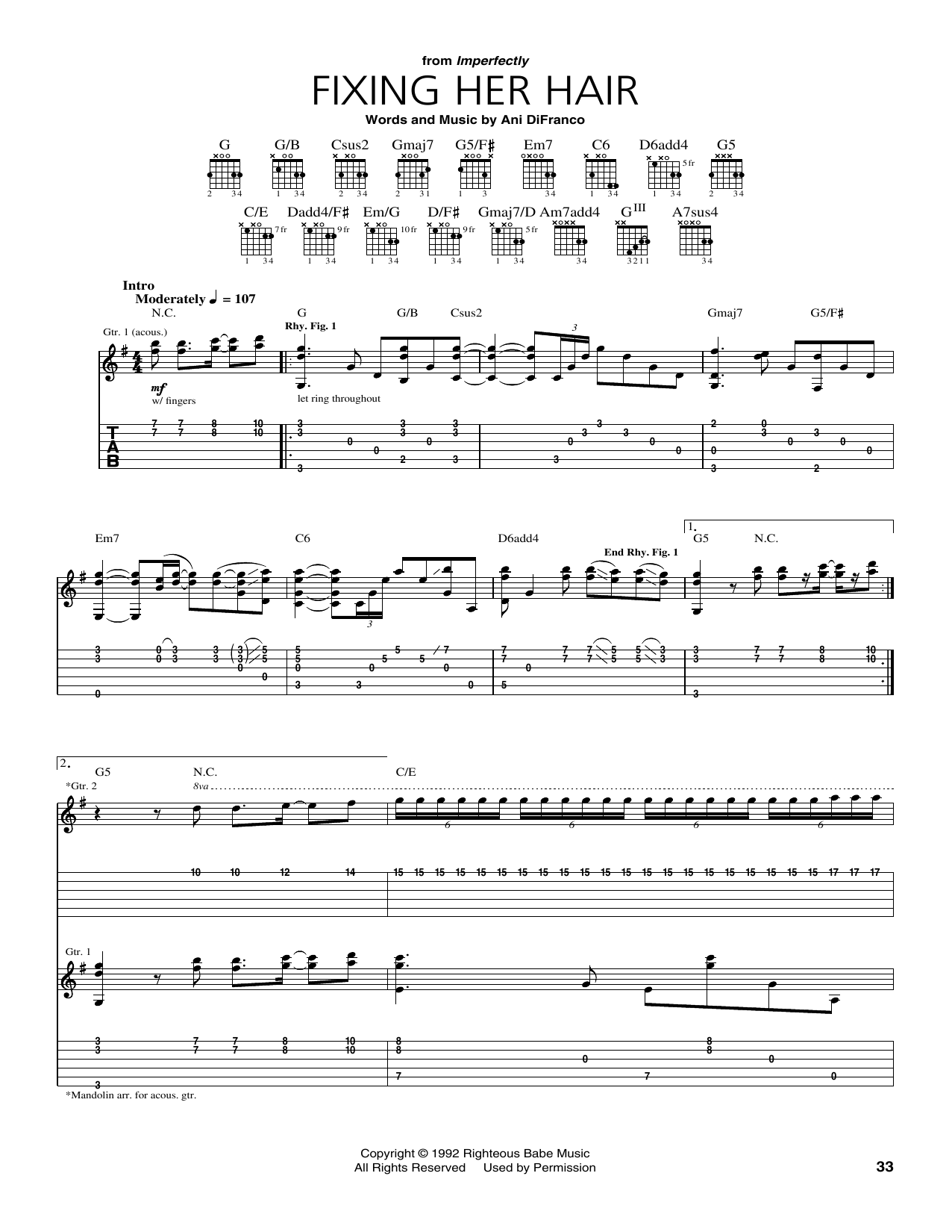 Ani DiFranco Fixing Her Hair Sheet Music Notes & Chords for Guitar Tab - Download or Print PDF