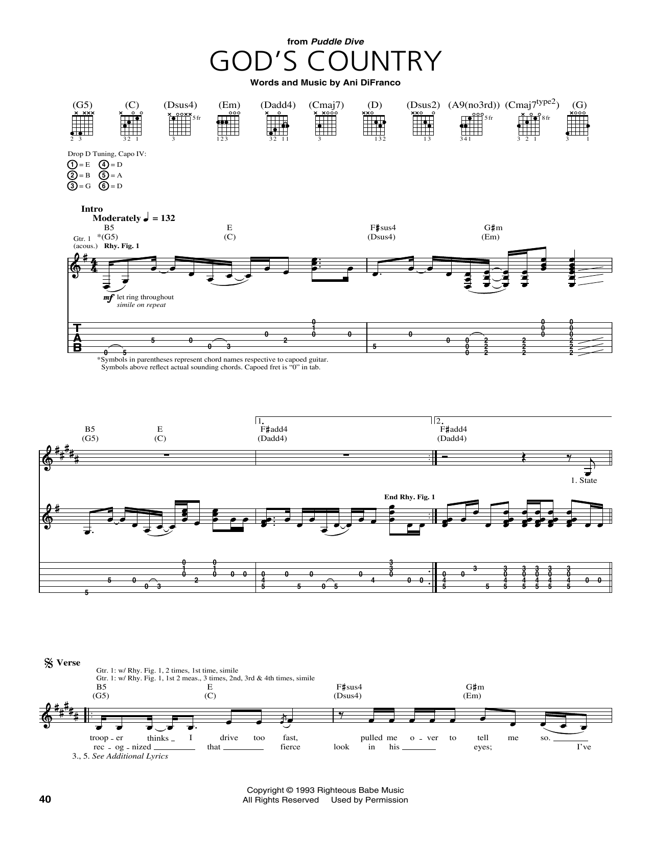 Ani DiFranco God's Country Sheet Music Notes & Chords for Guitar Tab - Download or Print PDF