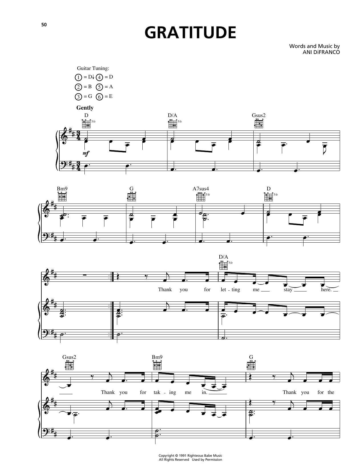 Ani DiFranco Gratitude Sheet Music Notes & Chords for Piano, Vocal & Guitar (Right-Hand Melody) - Download or Print PDF