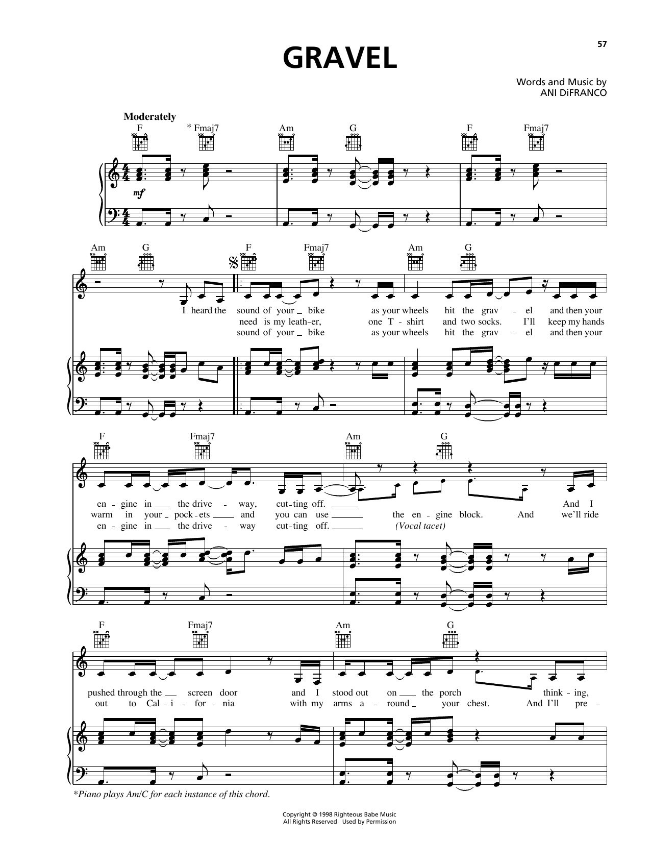 Ani DiFranco Gravel Sheet Music Notes & Chords for Piano, Vocal & Guitar (Right-Hand Melody) - Download or Print PDF