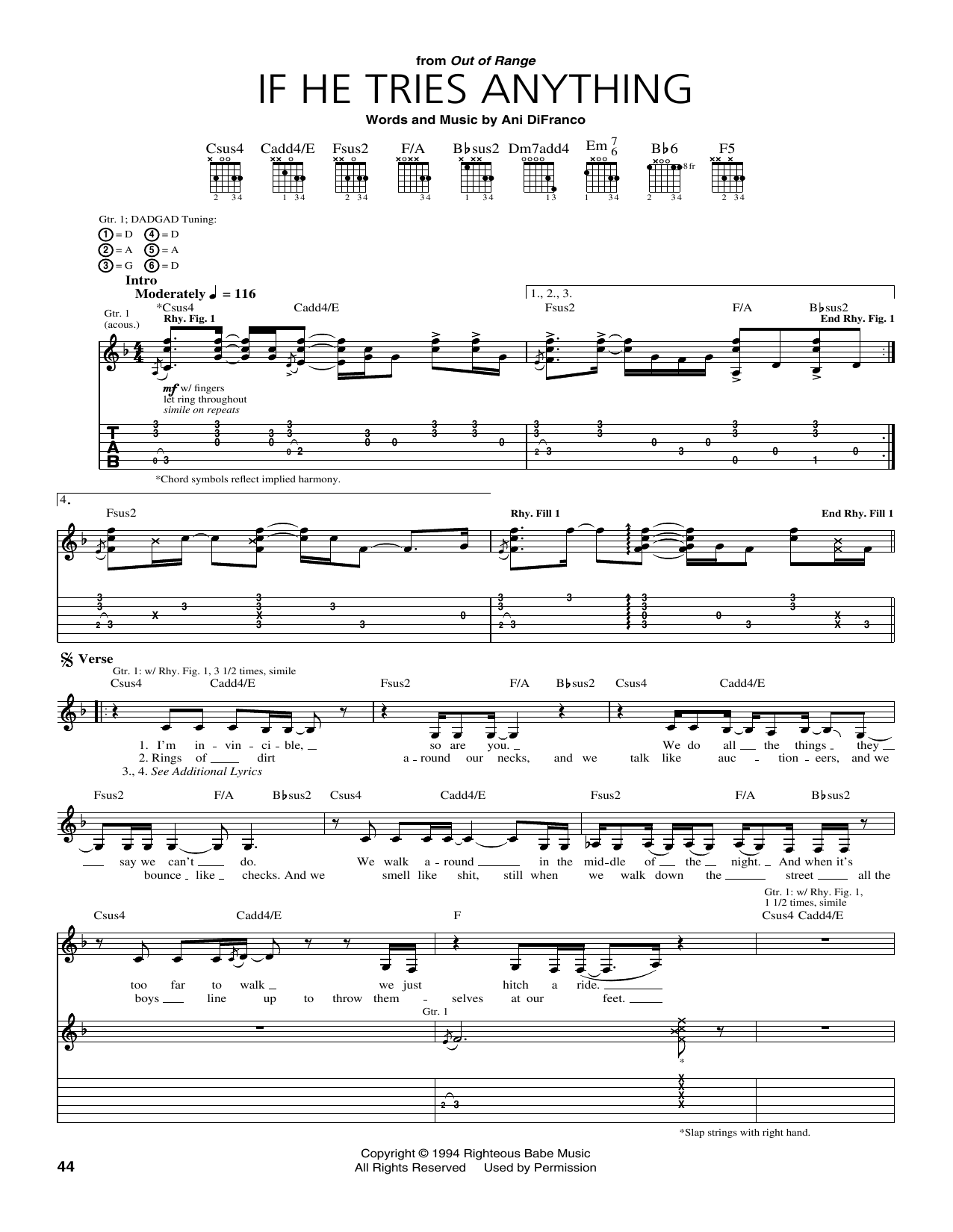 Ani DiFranco If He Tries Anything Sheet Music Notes & Chords for Guitar Tab - Download or Print PDF