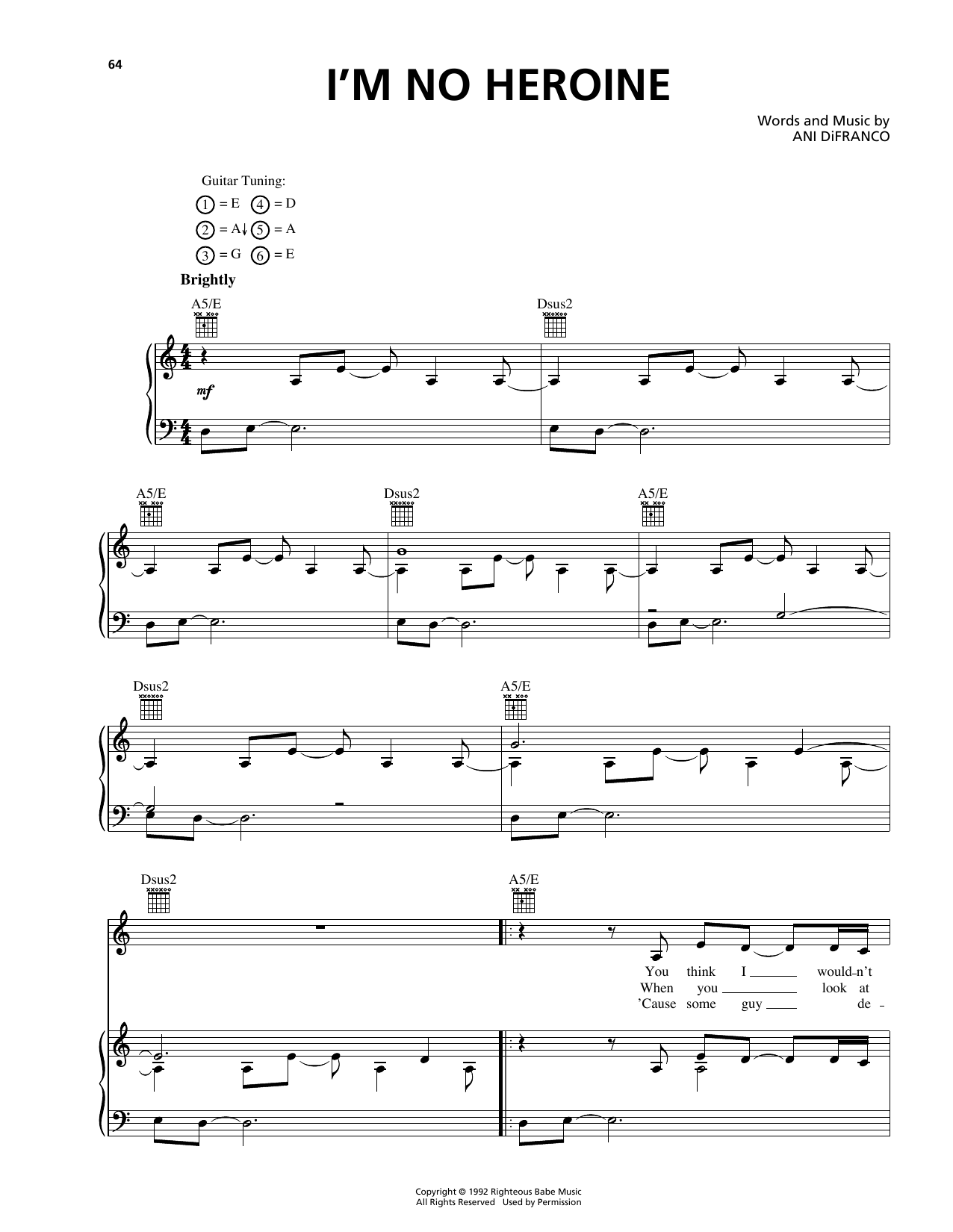 Ani DiFranco I'm No Heroine Sheet Music Notes & Chords for Piano, Vocal & Guitar (Right-Hand Melody) - Download or Print PDF