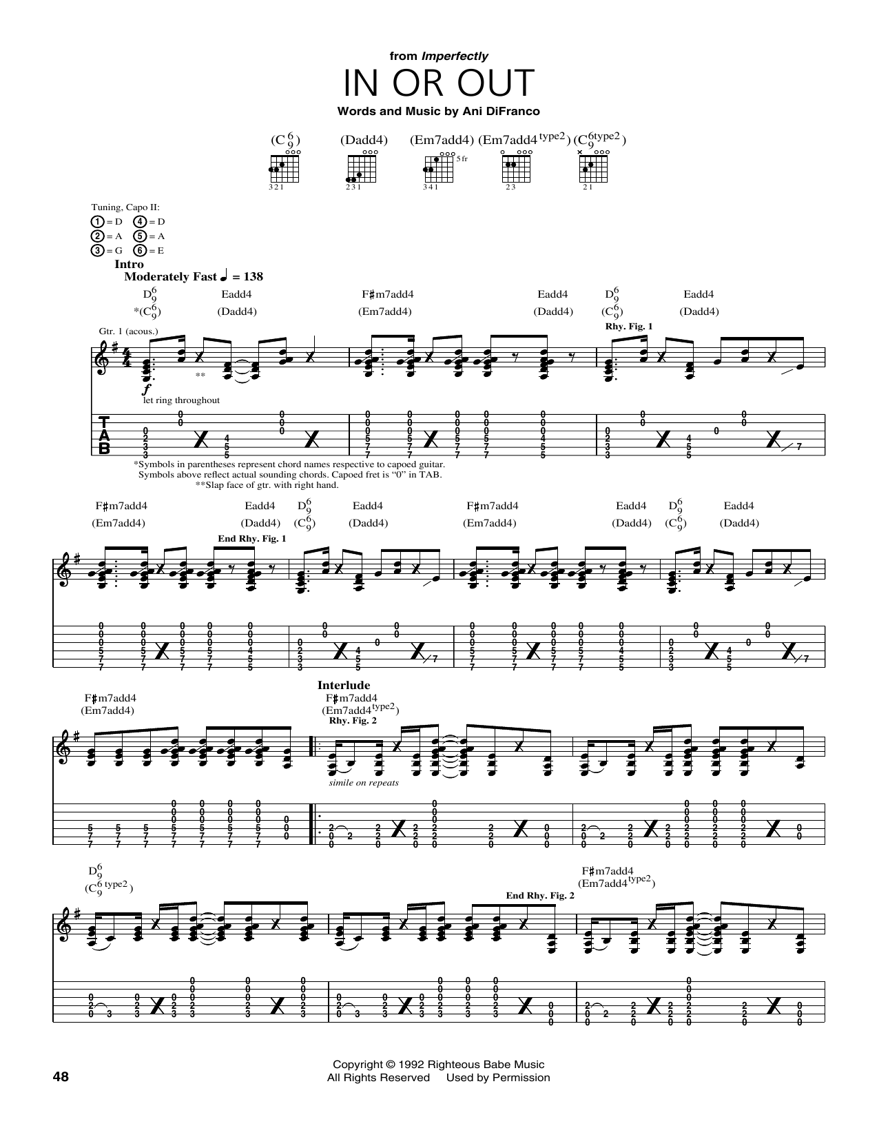 Ani DiFranco In Or Out Sheet Music Notes & Chords for Guitar Tab - Download or Print PDF