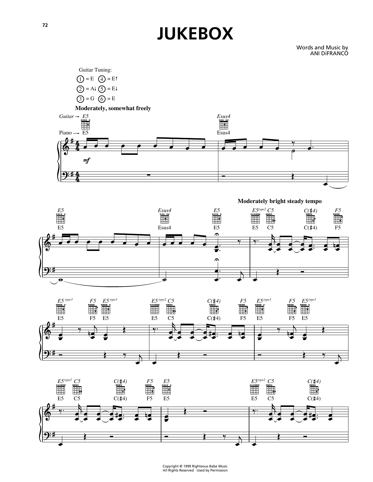 Ani DiFranco Jukebox Sheet Music Notes & Chords for Piano, Vocal & Guitar (Right-Hand Melody) - Download or Print PDF