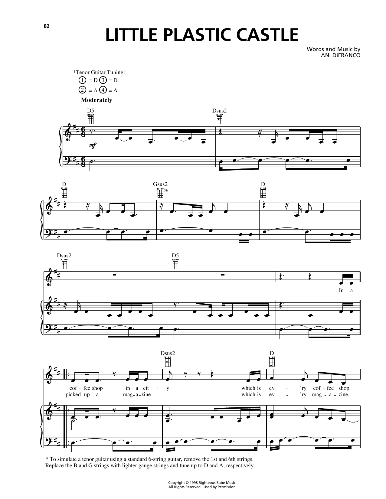 Ani DiFranco Little Plastic Castle Sheet Music Notes & Chords for Piano, Vocal & Guitar (Right-Hand Melody) - Download or Print PDF