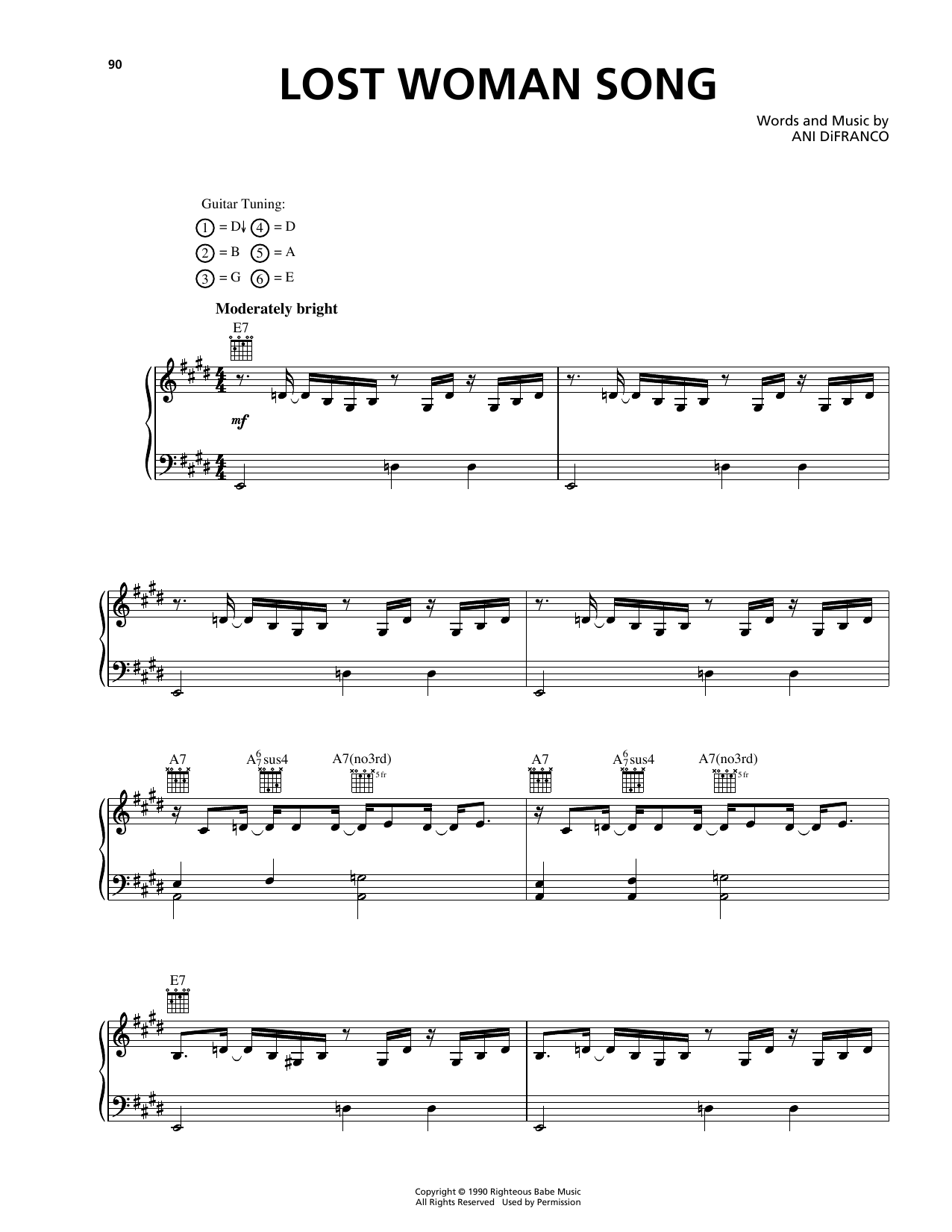 Ani DiFranco Lost Woman Song Sheet Music Notes & Chords for Piano, Vocal & Guitar (Right-Hand Melody) - Download or Print PDF
