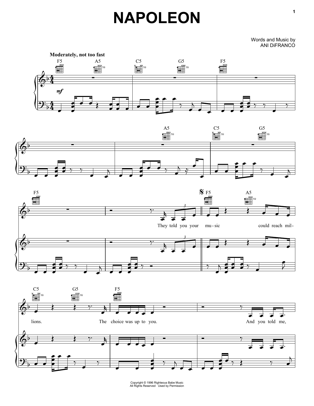 Ani DiFranco Napoleon Sheet Music Notes & Chords for Piano, Vocal & Guitar (Right-Hand Melody) - Download or Print PDF