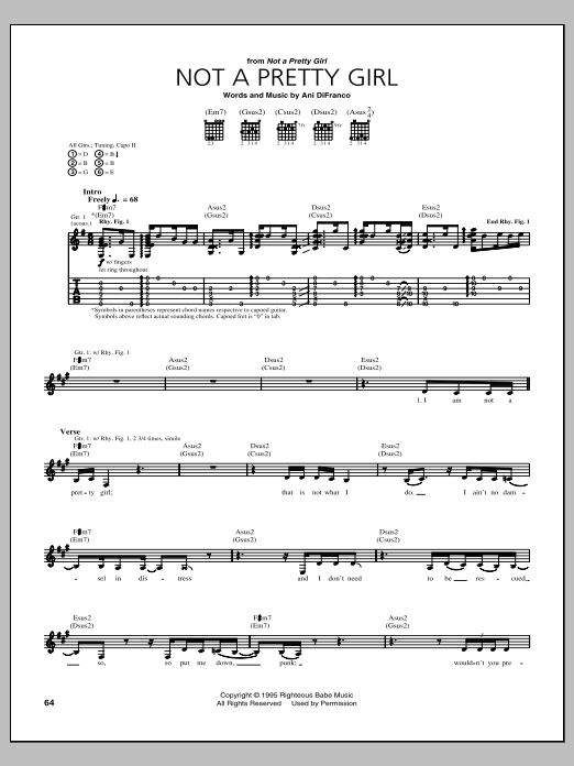Ani DiFranco Not A Pretty Girl Sheet Music Notes & Chords for Guitar Tab - Download or Print PDF