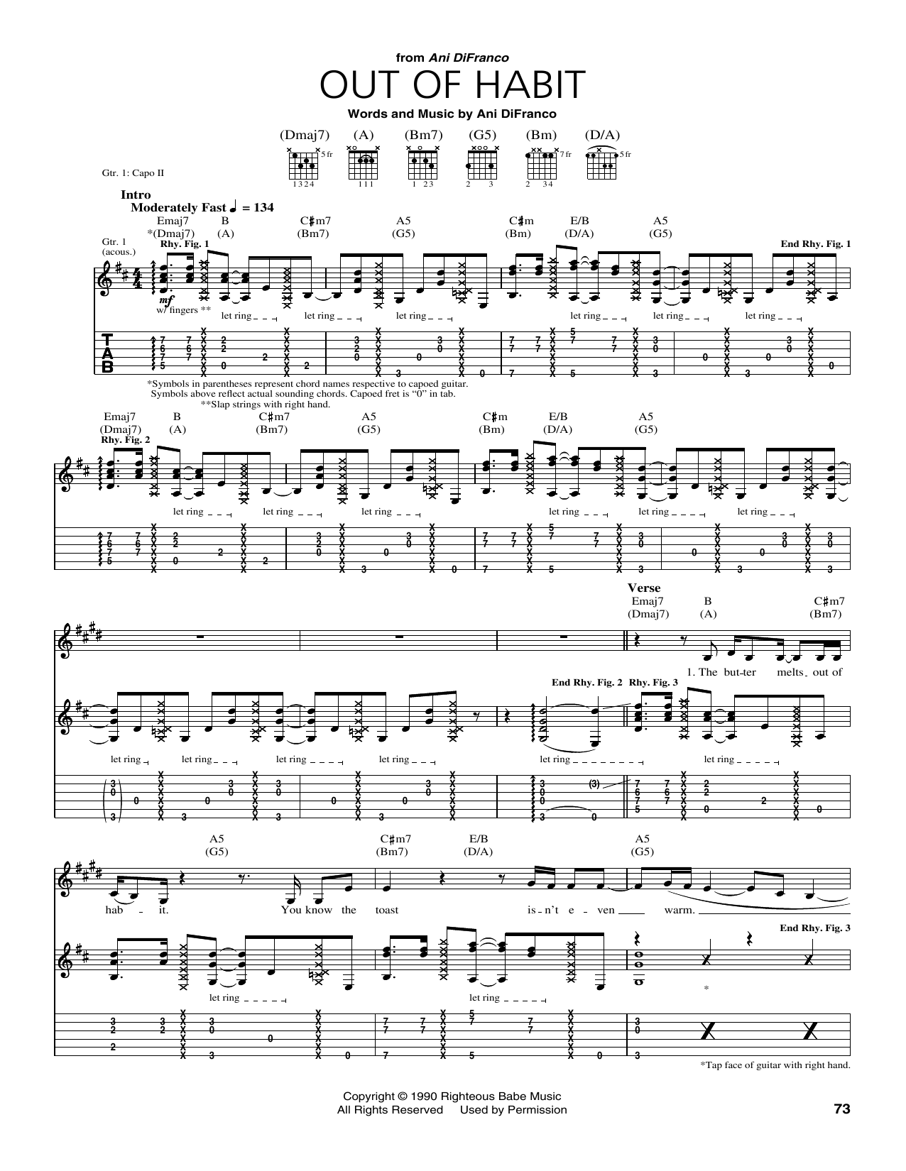 Ani DiFranco Out Of Habit Sheet Music Notes & Chords for Guitar Tab - Download or Print PDF