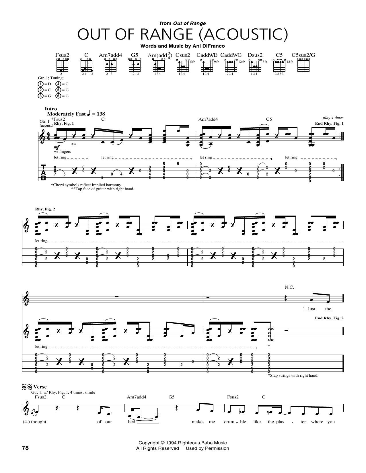 Ani DiFranco Out Of Range Sheet Music Notes & Chords for Guitar Tab - Download or Print PDF