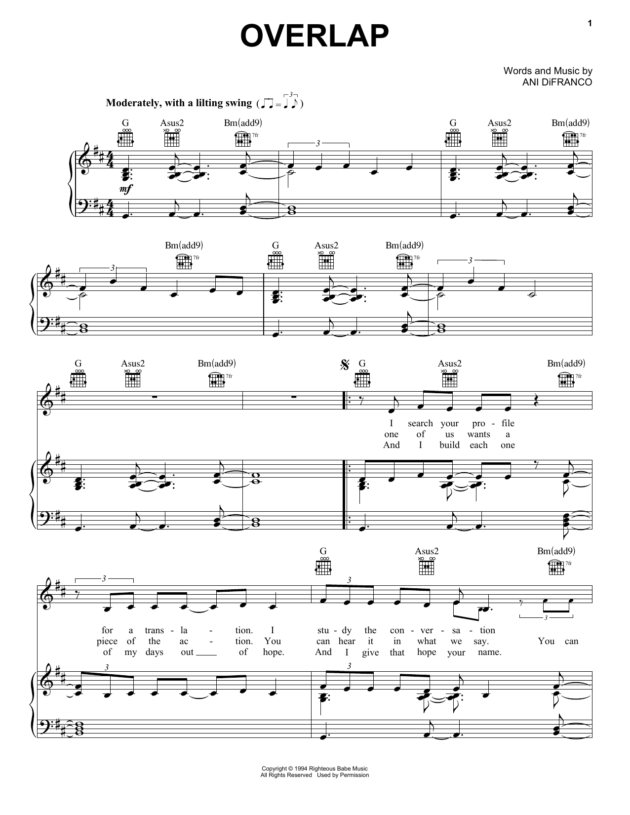 Ani DiFranco Overlap Sheet Music Notes & Chords for Piano, Vocal & Guitar (Right-Hand Melody) - Download or Print PDF