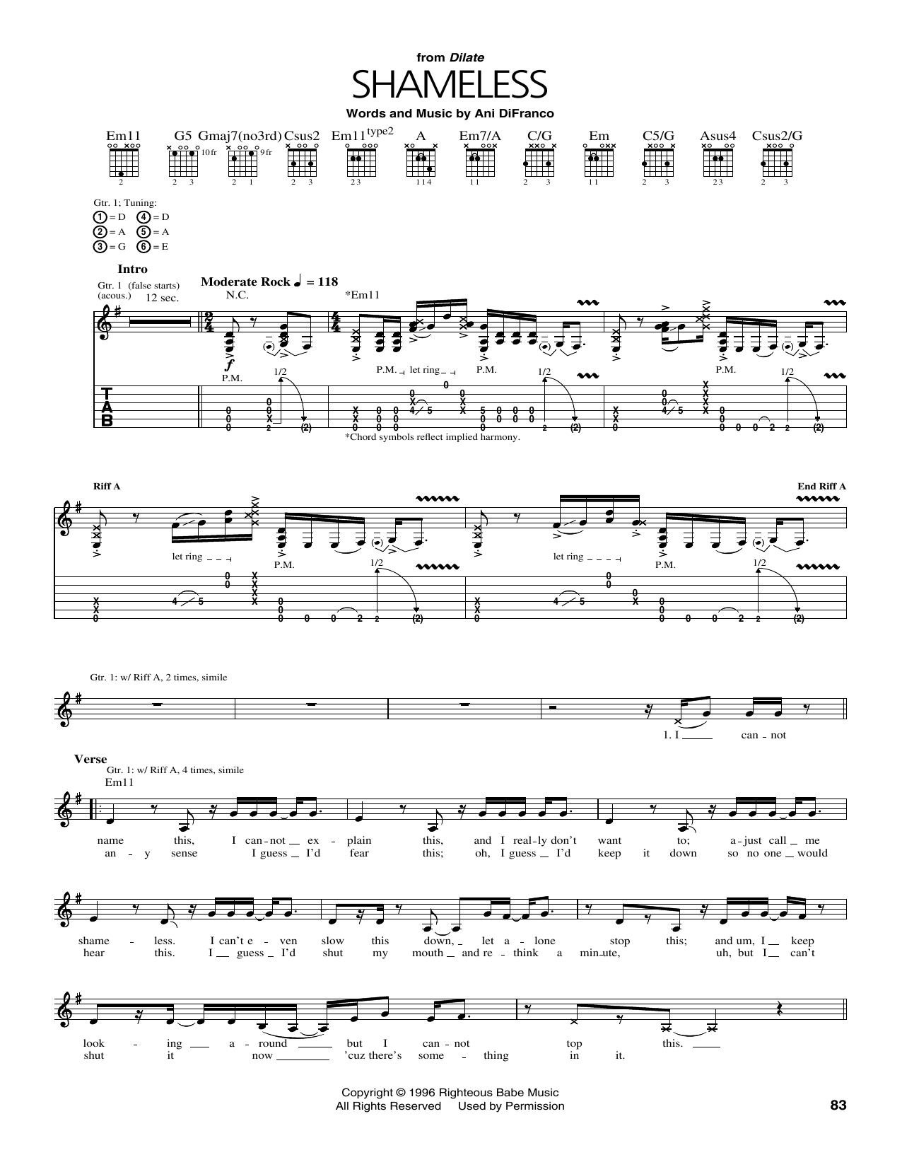 Ani DiFranco Shameless Sheet Music Notes & Chords for Guitar Tab - Download or Print PDF