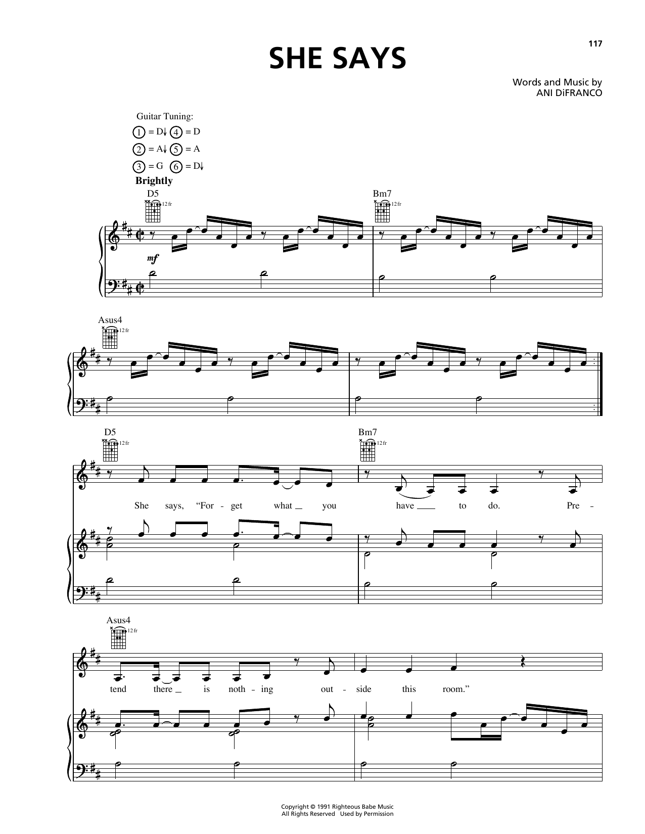 Ani DiFranco She Says Sheet Music Notes & Chords for Piano, Vocal & Guitar (Right-Hand Melody) - Download or Print PDF