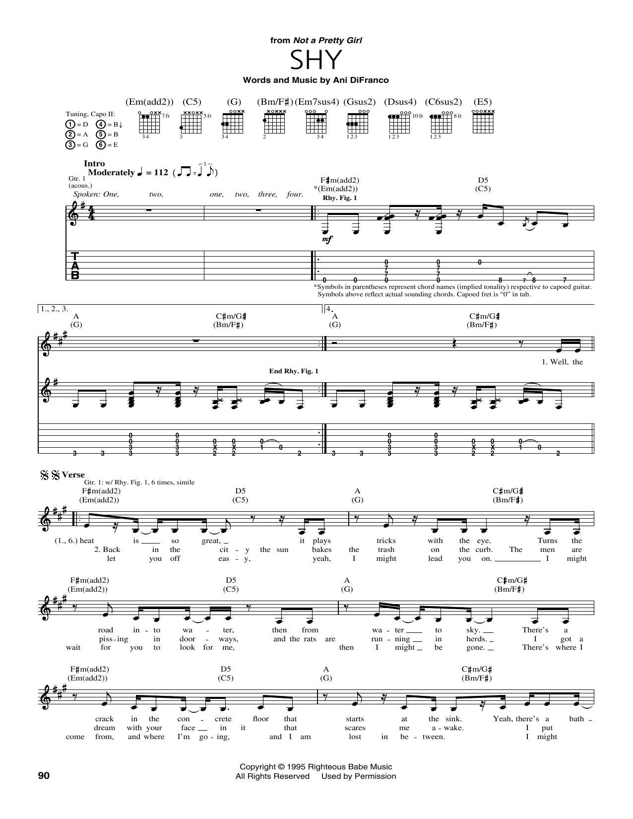 Ani DiFranco Shy Sheet Music Notes & Chords for Guitar Tab - Download or Print PDF